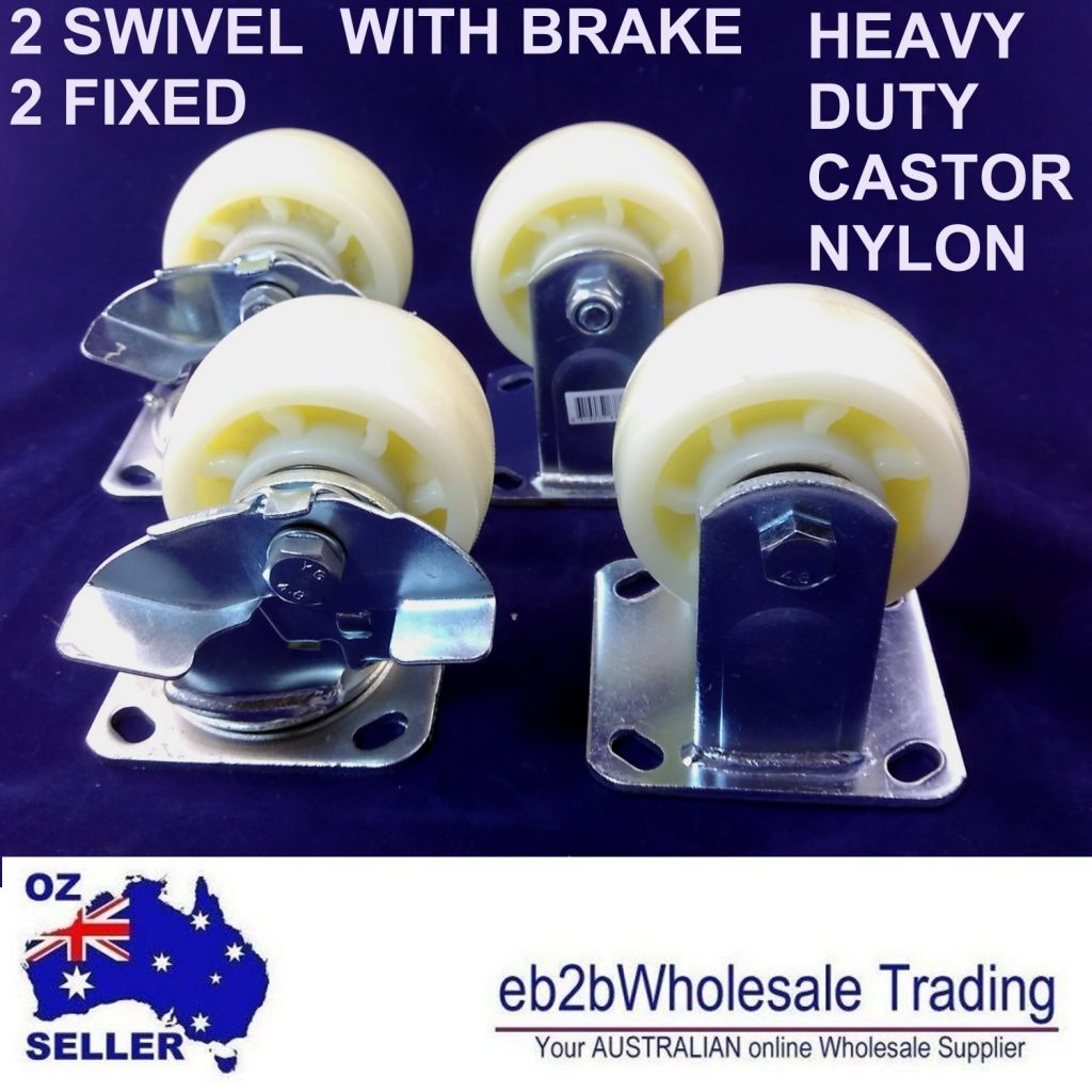 4X 4″ Caster Castor 2 BRAKES 2 FIXED WHITE NYLON Wheels heavy duty Swivel Brake