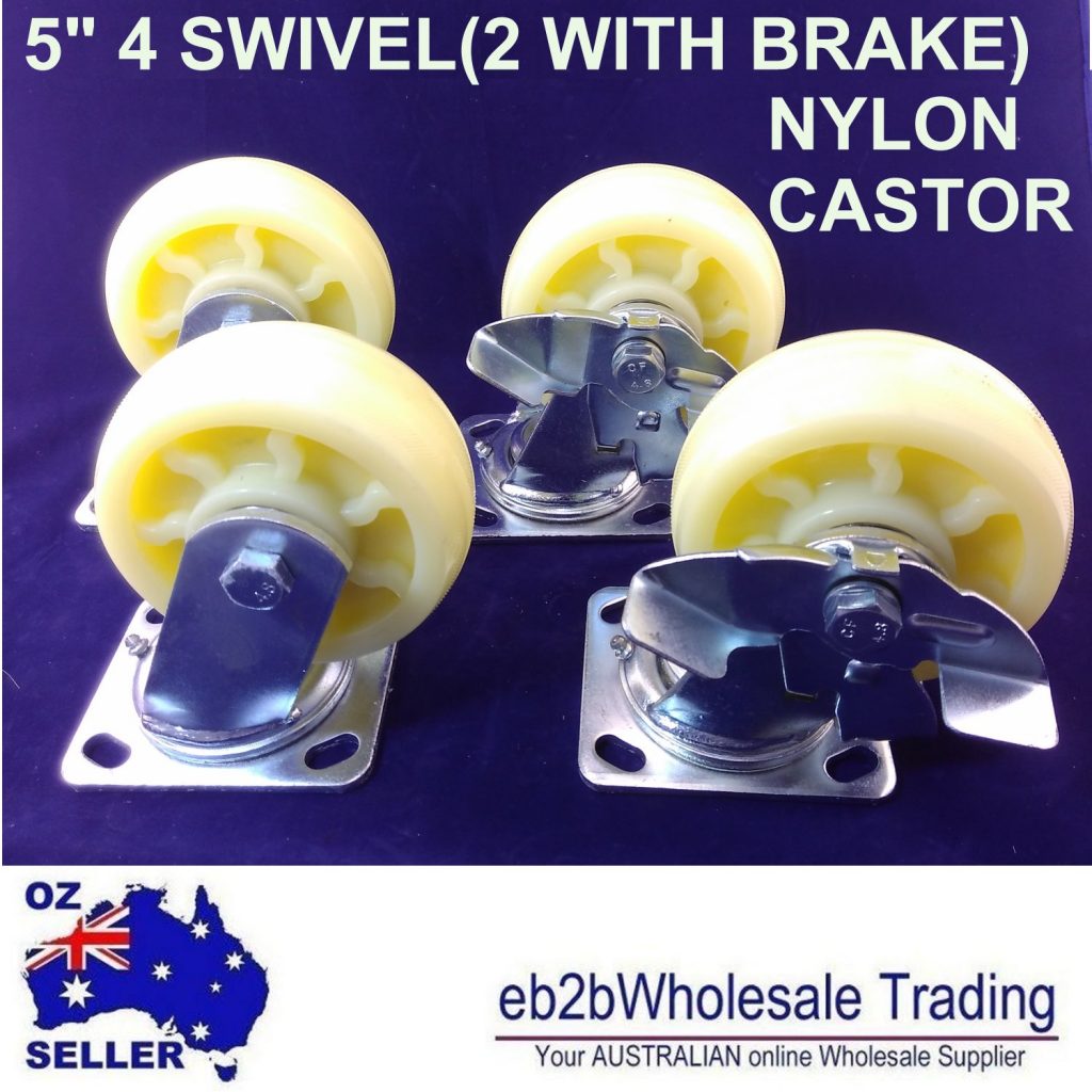 4 PCS 5″ Caster Castor 2 with BRAKES WHITE NYLON Wheels heavy duty Swivel Brake