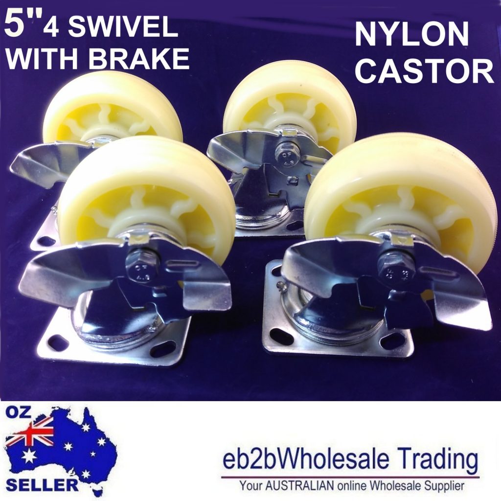 4X 5″ Caster Castor All with BRAKES  WHITE NYLON Wheels heavy duty Swivel Brake