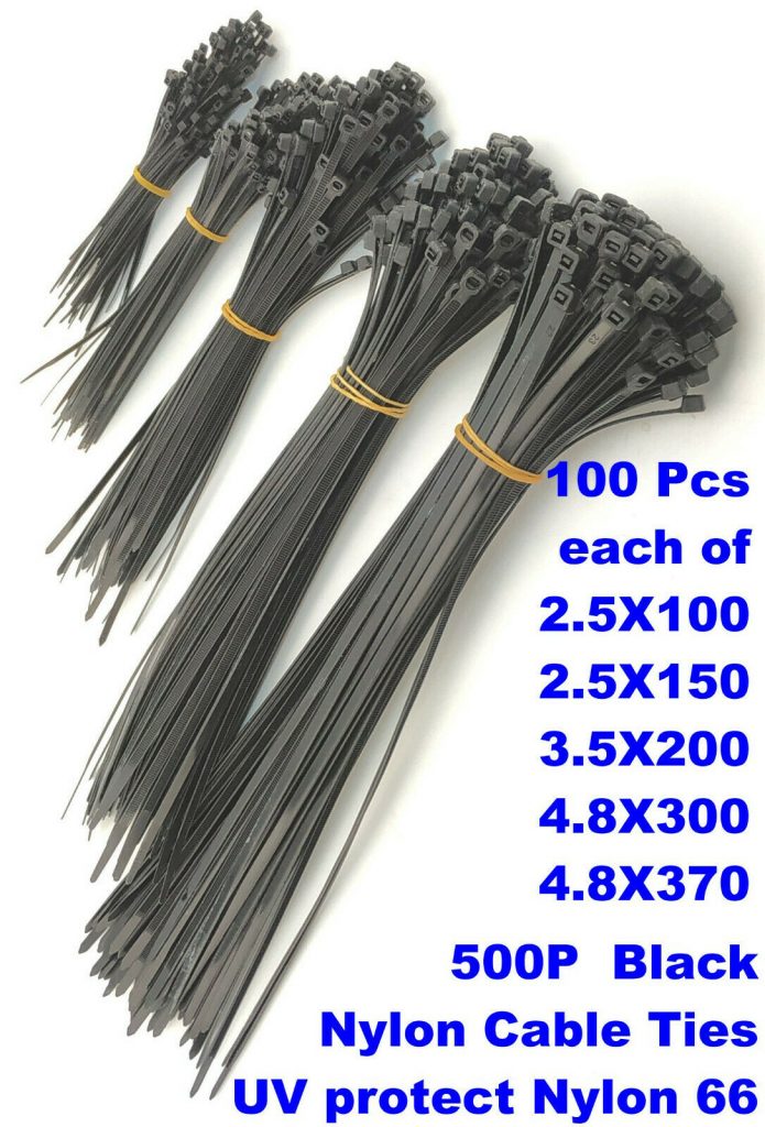 500pcs Black Nylon 66 UV Zip Tie – 5 size multi pack